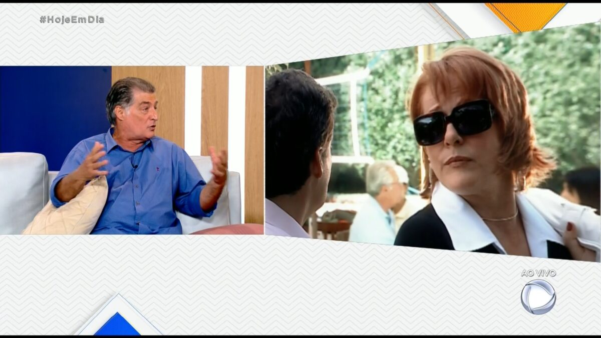 Giuseppe Oristanio no cenário do Hoje em Dia ao lado a cena da novela Chamas da Vida