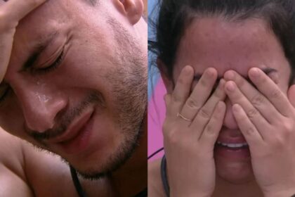 Arthur Aguiar com a mão na testa chorando e Larissa no quarto Lollipop desesperada enxungando as lágrimas