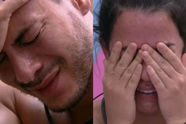 Arthur Aguiar com a mão na testa chorando e Larissa no quarto Lollipop desesperada enxungando as lágrimas