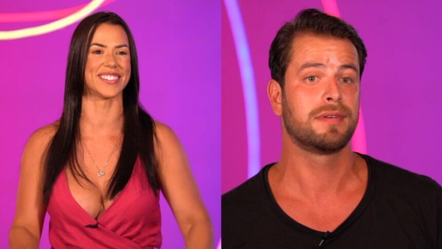 Larissa sorrindo e Gustavo aparece sério na apresentação da Casa de Vidro do BBB 22