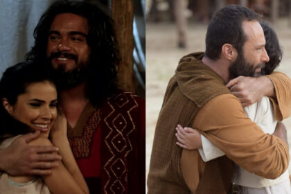 Sidney sampaio, thaís melchior e fernando pavão em trecho de cenas das séries reis e a bíblia