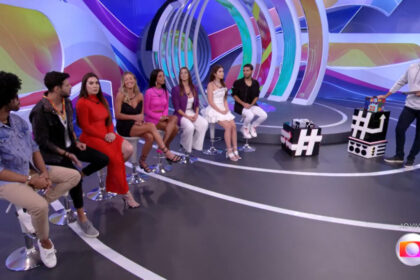 Tadeu schmidt ao lado dos participantes eliminados do bbb 22 em trecho da edição de 17 de março