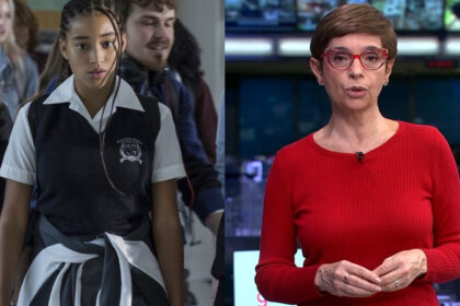 Trecho do filme o ódio que você semeia, em montagem com renata lo prete, de blusa vinho, nos estúdios do jornal da globo