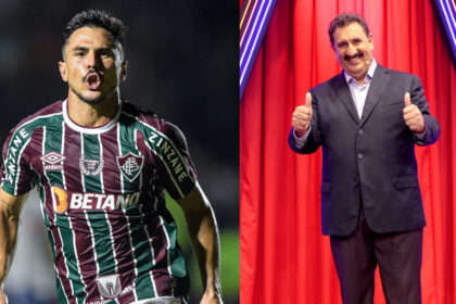 Willian comemorando gol com a camisa do fluminense, em montagem com ratinho nos estúdios do programa do ratinho no sbt