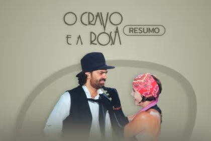 Arte gráfica com o resumo semanal da novela O Cravo e a Rosa