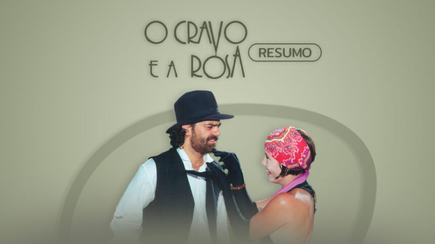Arte gráfica com o resumo semanal da novela O Cravo e a Rosa