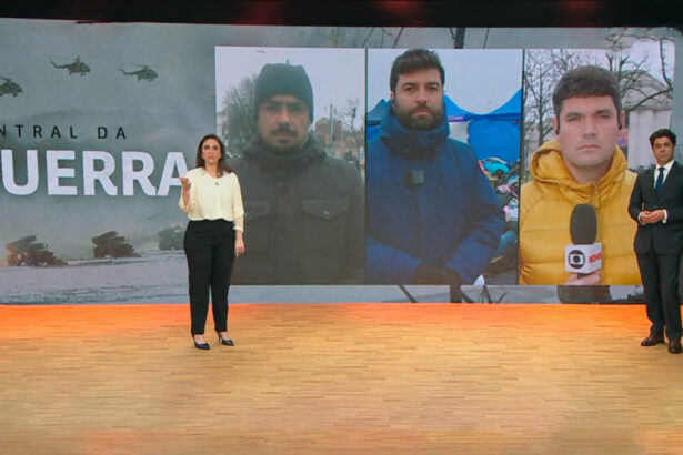 Cecília Flash e Tiago Eltz no centro do cenário da Central da Guerra, no telão os correspondentes internacionais da GloboNews