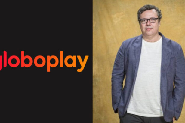 Logo do globoplay e ao lado o autor d enovelas João Emanuel Carneiro
