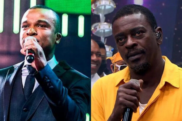 Alexandre Pires em apresentação no Domingão e Seu Jorge em apresentação no Faustão - montagem
