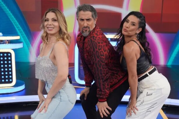 Sheila Mello, Marcos Mion e Scheila Carvalho com a bunda empinada de lado, em trecho do Caldeirão