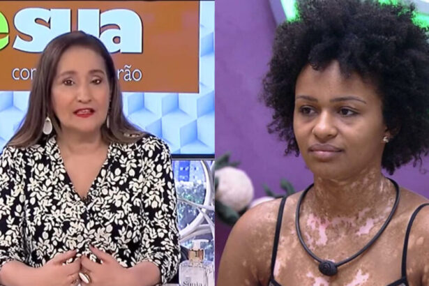 Sonia Abrão na bancada do A Tarde é Sua, em montagem com trecho de Natália na casa do BBB 22