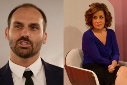 Eduardo Bolsonaro de boca aberta e Míriam Leitão nos estúdios da GloboNews