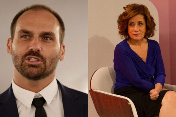 Eduardo Bolsonaro de boca aberta e Míriam Leitão nos estúdios da GloboNews