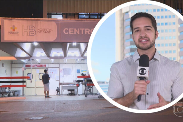 Montagem com a fachada do Hospital de Base de Brasília e o repórter Gabriel Luiz