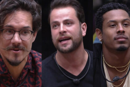 Montagem com Elizer, Gustavo e Paulo André pedindo votos para não serem eliminados do BBB 22