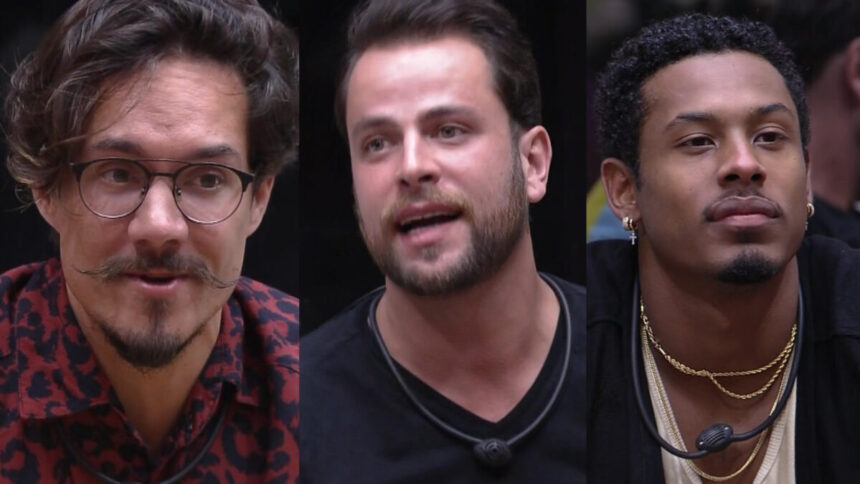 Montagem com Elizer, Gustavo e Paulo André pedindo votos para não serem eliminados do BBB 22