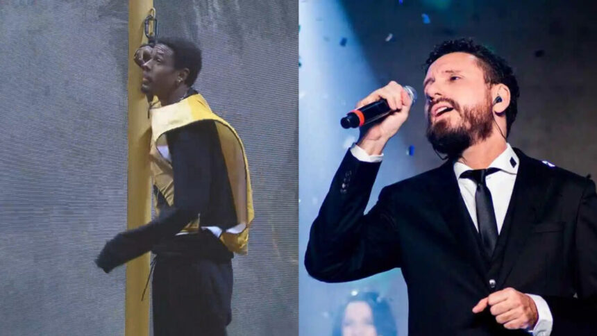 Montagem com fotos de Paulo André cantando na última prova do BBB 22 e Leonardo Gonçalves cantando