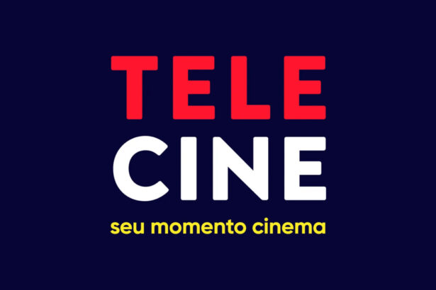Logo do Telecine, com seu slogan colocado abaixo, em um fundo azul