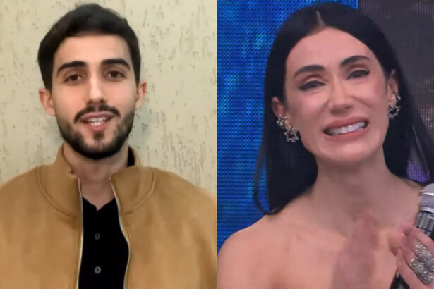 Michelle Barros em montagem com o filho, durante depoimento no programa Faustão na Band