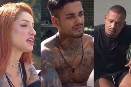 Brenda, Matheus e Mussunzinho conversam na área externa do Power Couple.