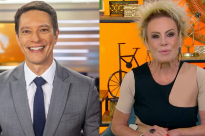 Sergio aguar (na bancada do fala brasil) em montagem com ana maria braga (nos estúdios do mais você)