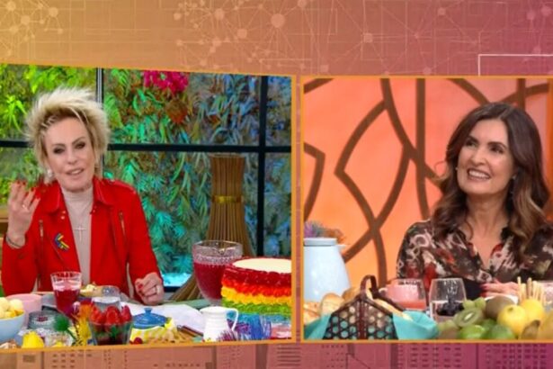Ana Maria Braga e Fátima Bernardes dividindo tela no programa Encontro, durante o café da manhã surpresa