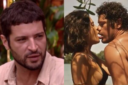 Ator Leandro Lima em montagem com a cena do beijo entre Tadeu e Guta em Pantanal