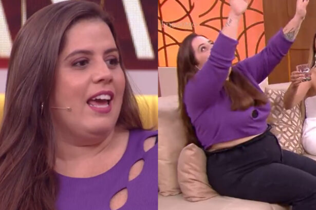 Tati Machado no Encontro, em montagem com ela levantando os braços após engasgar ao vivo