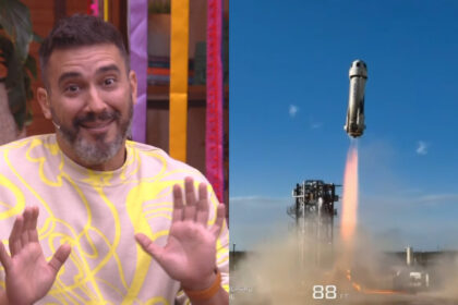 Montagem com André Marques no cenário do É de Casa espantado com o foguete