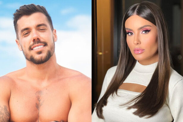 Lipe Ribeiro sorrindo, de braços atados, para ensaio fotográfico de reality show; Thais braz de camisa branca, encarando a câmera durante photoshoot