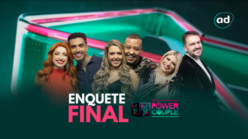 Brenda e Matheus, Karol e Mussunzinho, Adryana e Albert na arte de divulgação da última enquete do Power Couple Brasil