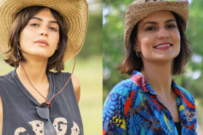 Julia Dalavia com chapéu e regata cinza com a mão "nos quartos"; Paula Barbosa com chapéu e camisa estampada - ambas durante gravação de Pantanal, da TV Globo
