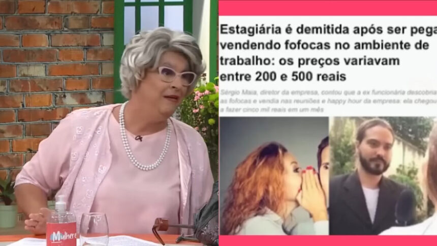 Montagem com Tia lendo a manchete do meme da estagiária demitida vendendo fofoca