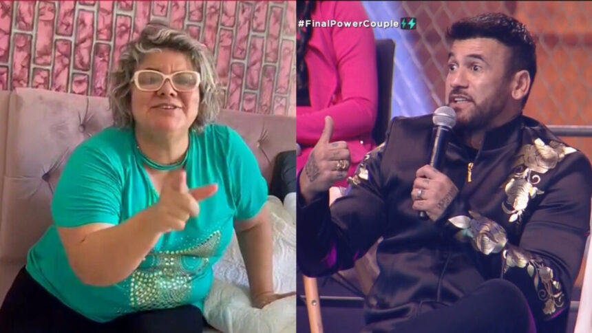 Montagem com Sylvinha apontando o dedo para Hadballa que está no palco do Power Couple Brasil 6