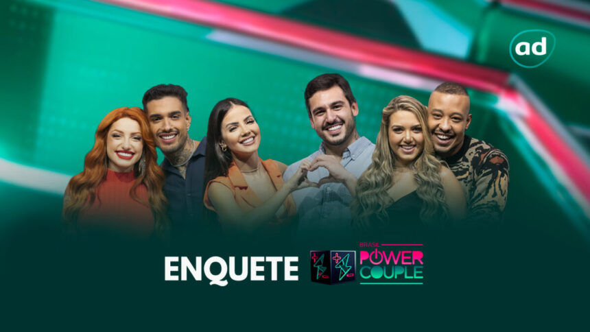 Brenda e Matheus, Luana e Hadad e Karol e Mussunzinho na arte de divulgação da enquete da última DR do Power Couple Brasil 6