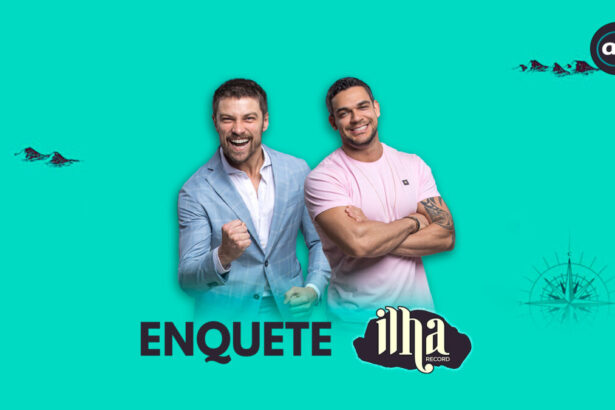 Arte de divulgação da enquete do Ilha Record: 2 com Raphael Sander e Caique Aguiar
