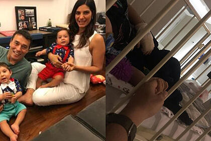 Andréia Sadi e André Rizek ao lado dos filhos, em montagem com o filho Pedro em um berço de hospital segurando a mão de André Rizek