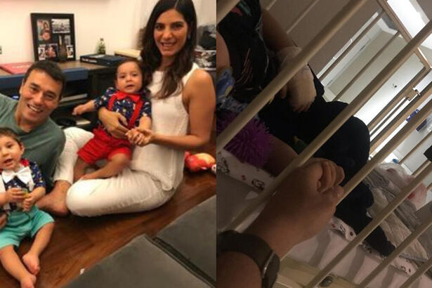 Andréia Sadi e André Rizek ao lado dos filhos, em montagem com o filho Pedro em um berço de hospital segurando a mão de André Rizek