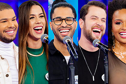 Gustavo Beats, Larissa Tomásia, Luciano Estevan, Natália Deodato e Vyni durante gravação do Programa Silvio Santos, do SBT