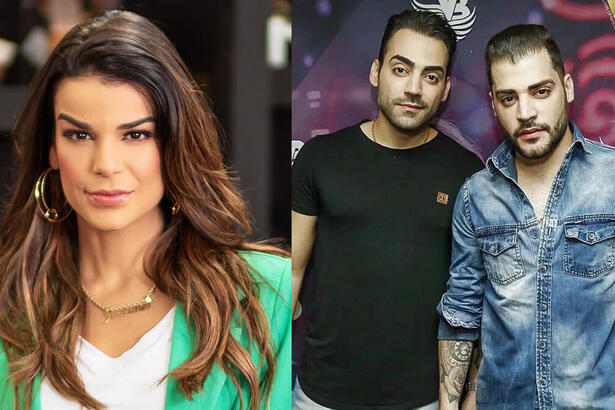 Mari Antunes de jaqueta verde e camisa branca, cabelo solto, semblante sério durante photoshoot; Guilherme de camisa preta e Beruto de jaqueta jeans momentos antes de um show