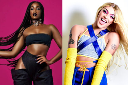 Montagem de Iza com conjunto Jeans e Pabllo Vittar vestindo azul e amarelo. Elas vão participar do La Folie Festival