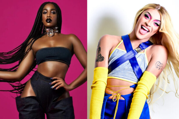 Montagem de Iza com conjunto Jeans e Pabllo Vittar vestindo azul e amarelo. Elas vão participar do La Folie Festival