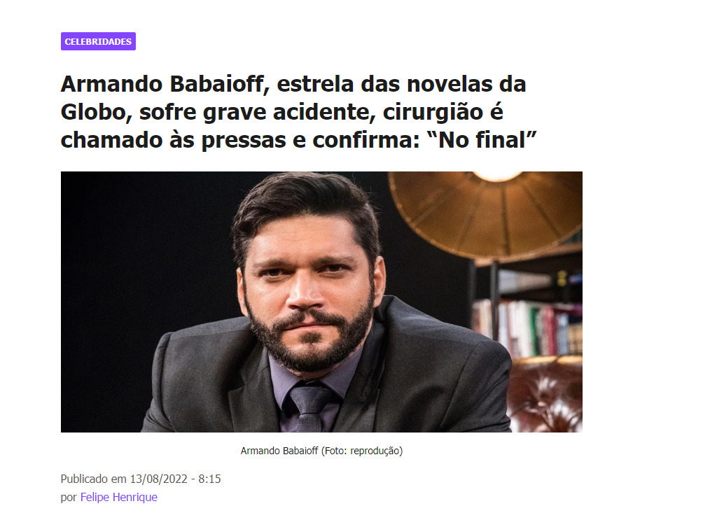 Print da manchete do TV foco com falsa notícia sobre Armando Babaioff