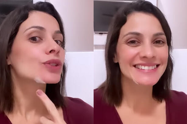 Montagem de Anne Barreto apontando no corte no queiro e sorrindo