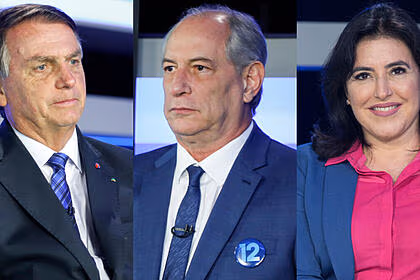 Jair Bolsonaro, Ciro Gomes e Simone Tebet em uma montagem