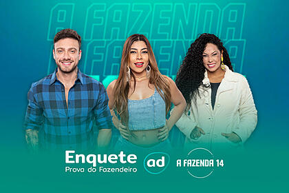 Vini Buttel, Ingrid e Rosian Pinheiro na arte de divulgação da Enquete de A Fazenda 14
