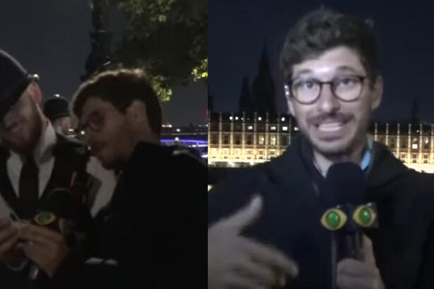 Felipe Kieling sendo abordado pela polícia inglesa, ao vivo no Brasil Urgente