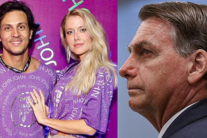 Gabriela Prioli e marido de camisa roxa durante passagem num camarote durante o carnaval; Bolsonaro de perfil