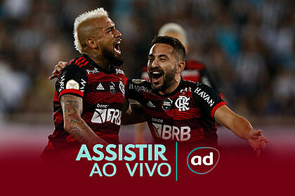 Vidal e Cebolinha na arte de divulgação de como assistir ao vivo a partida Goiás x Flamengo