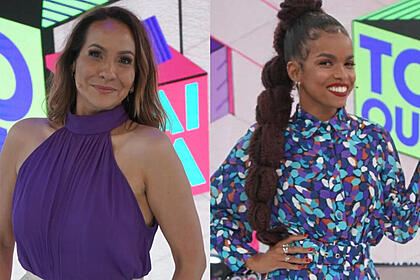 Maria Beltrão e Jeniffer Nascimento em montagem nos estúdios do Caldeirão
